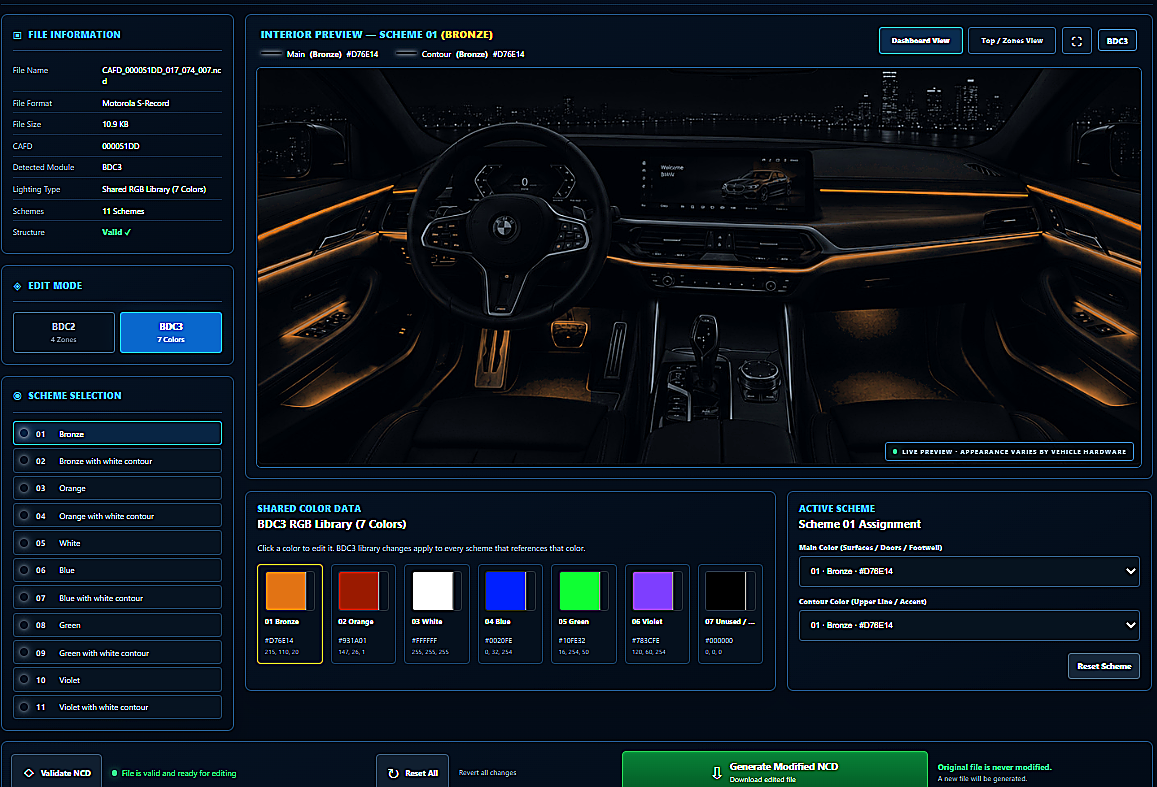 BMW Ambient Lighting Editor tool preview
