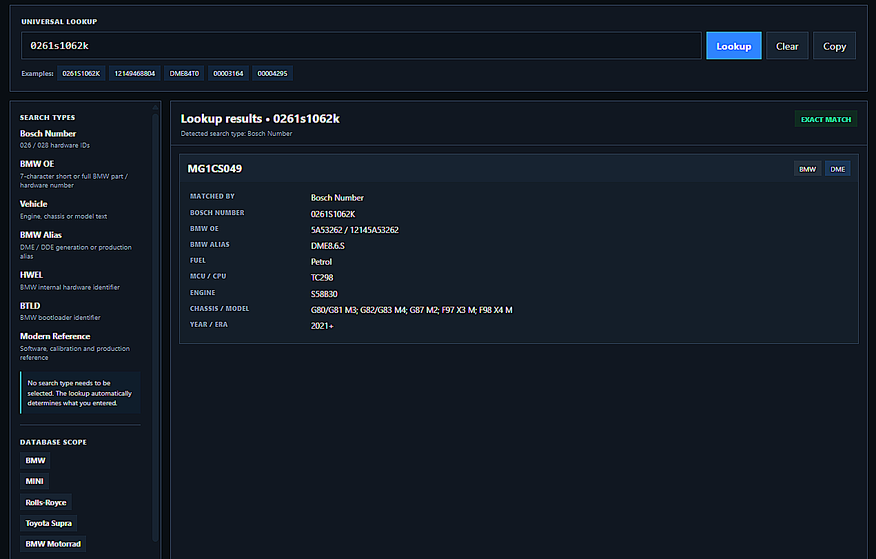 Bosch ECU Lookup tool preview